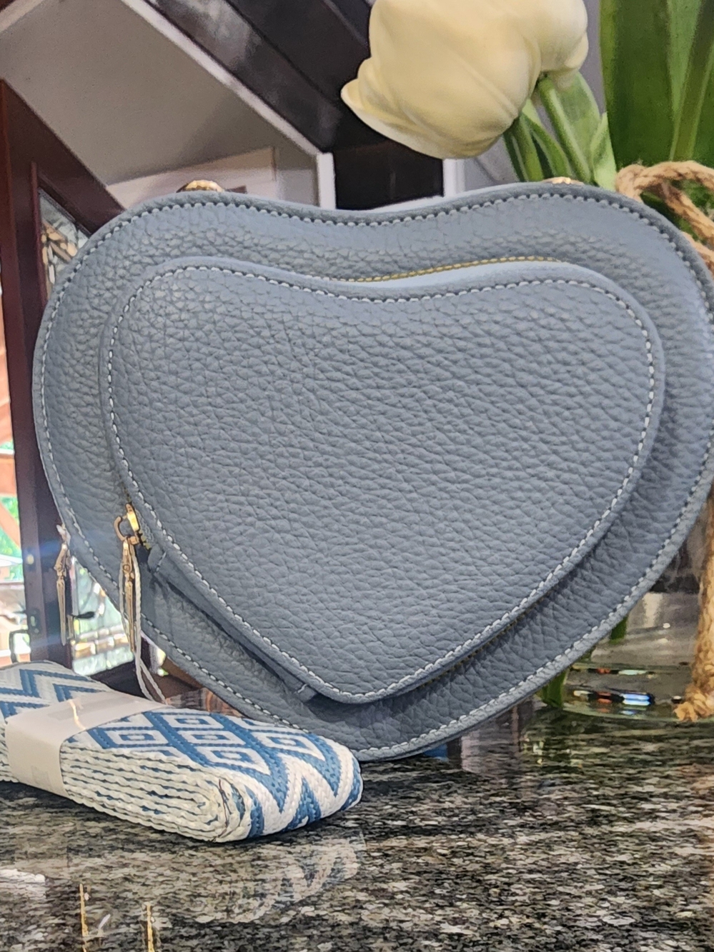 Heart-Shaped Crossbody Bag in Dusty Blue With Guitar Strap